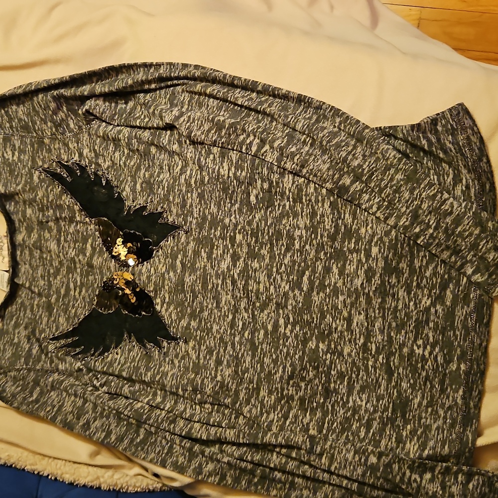 MISS ME  Gray Long Sleeve Top with Black and Gold Accents size L
